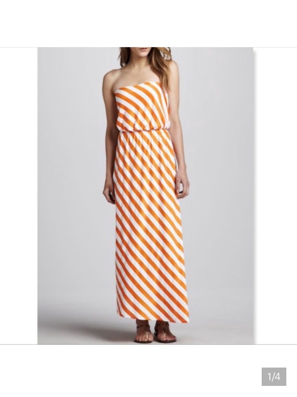 Susana Monaco Orange and White Diagonal-Stripe Strapless Maxi Dress